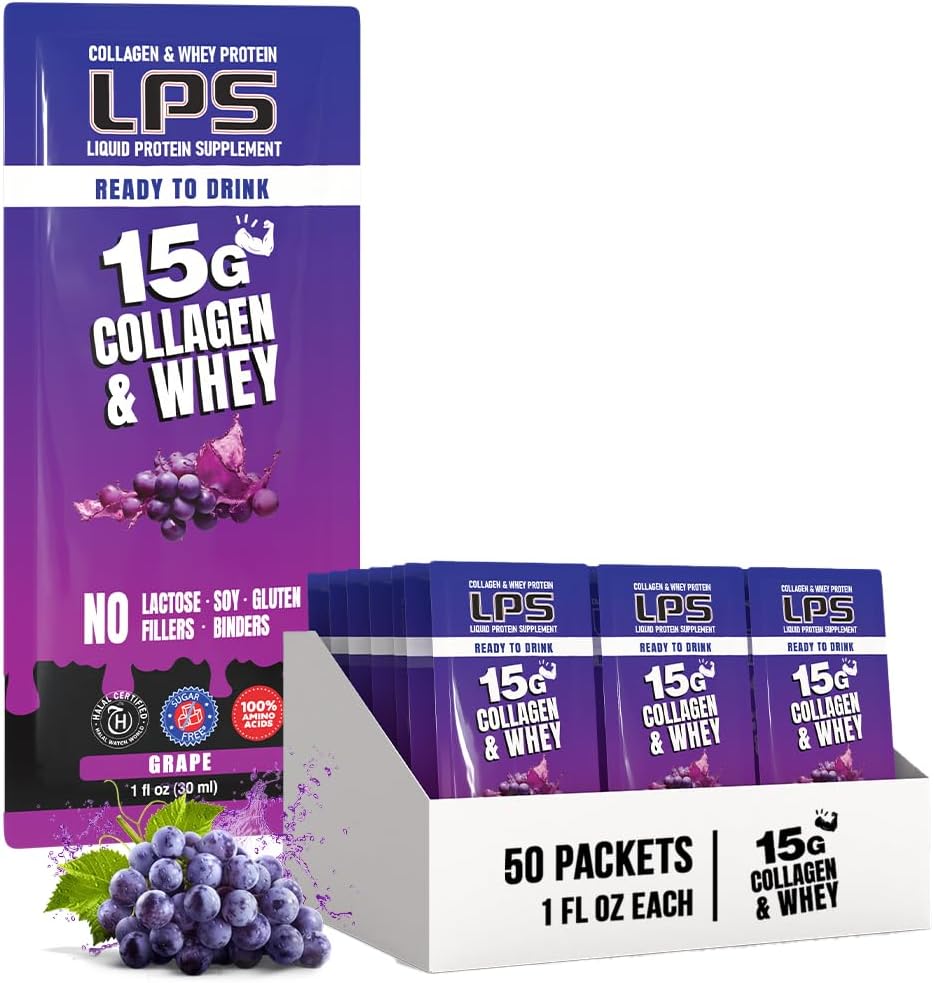 Nutritional Designs LPS Liquid Collagen & Whey Protein Supplement - Non-GMO Drink, Sugar-Free - Promotes Healthy Skin & Hair for Men & Women, Grape, Single Serve (50 Packets)