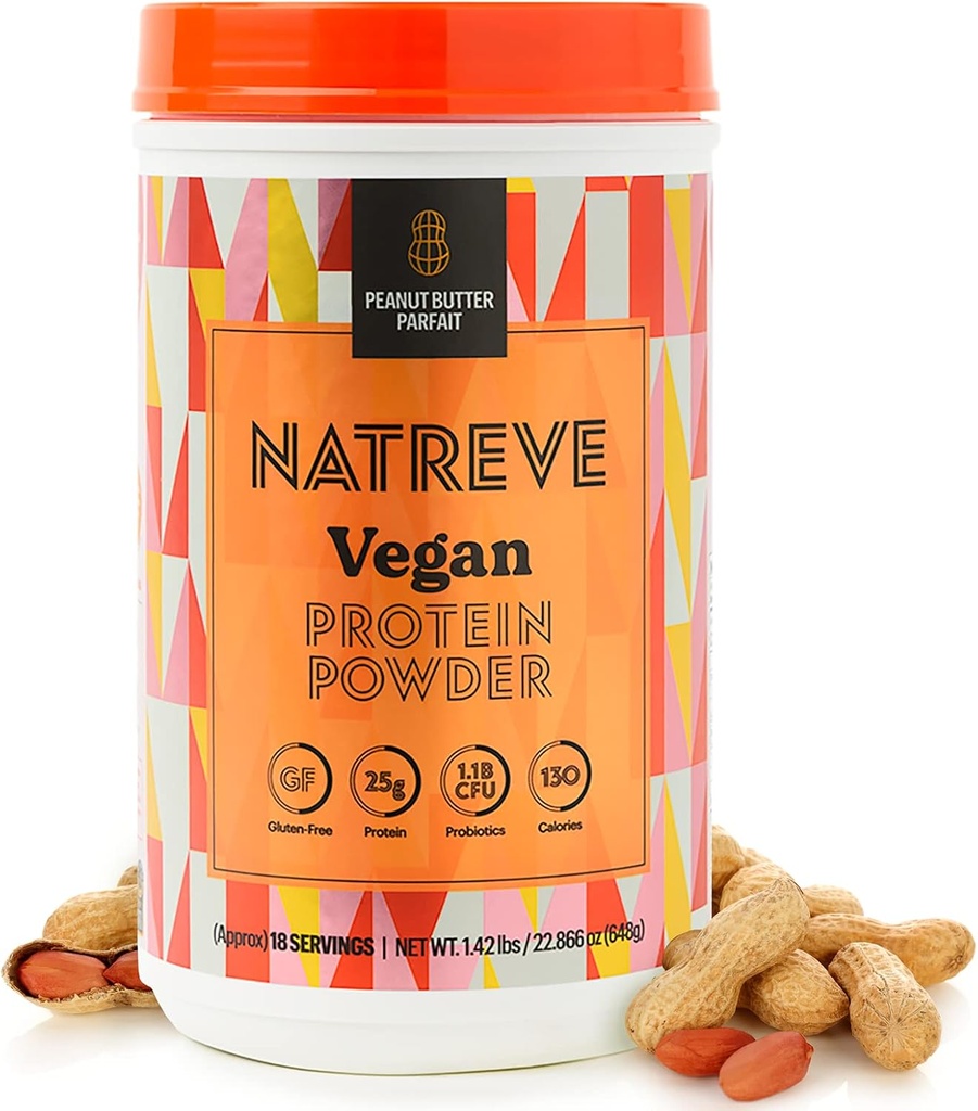 Natreve Vegan Protein Powder - 25g Landareetan oinarritutako proteina hautsa Probiotikoekin eta Aminoazidoekin - Gluten Free Peanut Butter Parfait, 18 Zerbitzu