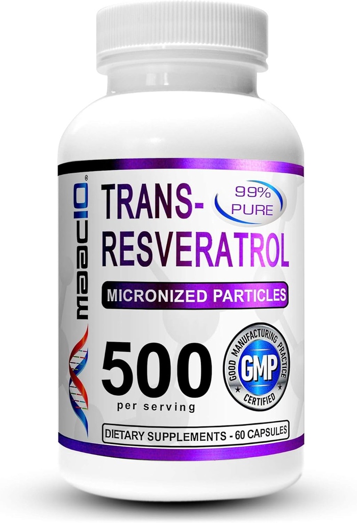 MAAC10 Trans Resveratrol 500mg Supplement (Micronized Pharmaceutical Grade 99% Pure Trans-Resveratrol Extract + BioPerine för Superior Absorption) (2X 250mg kapslar 60ct)