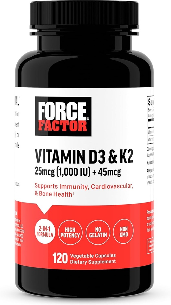 FORCE FACTOR Vitamin D3 K2 for å støtte immunisme, hjertehelse, beinstøtte, og mer, høy potens 2-i-1 formel, vegan, ingen gelatin, ikke-GMO, 120 kapsler
