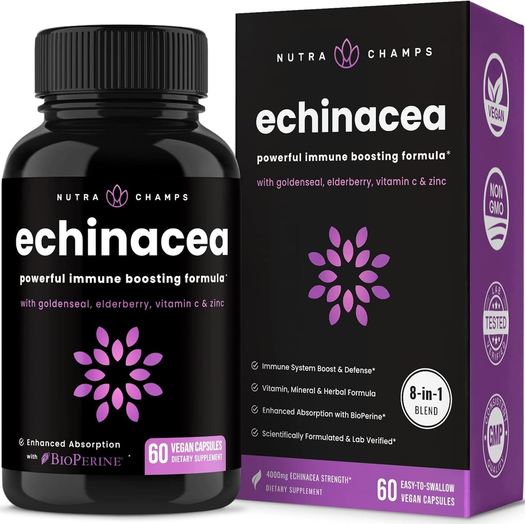 NutraChamps Echinacea Capsules 1000mg - 8-in-1 Immune Support Supplement - Echinacea Goldenseal, Vitamin C, Çinko, Ginger, Yaşlıberry - 60 Kapsüls