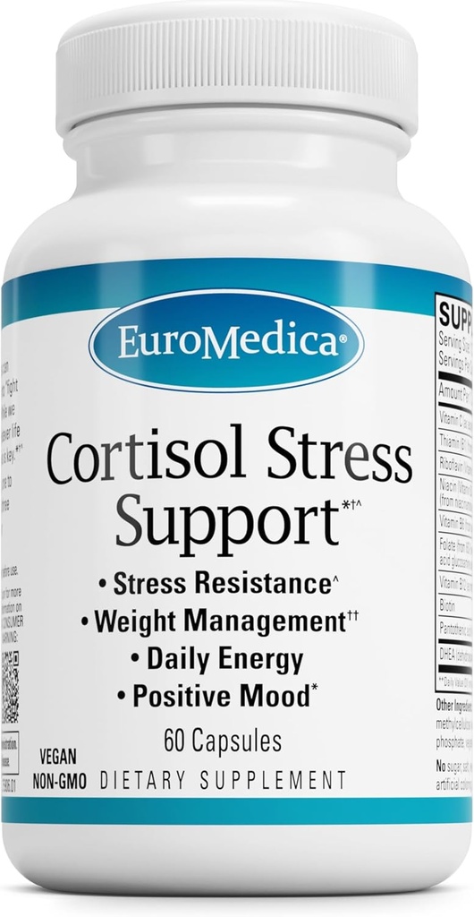 EuroMedica Cortisol Stress Support - Dienas enerģijas papildinājums ar DHEA - Vegan kapsulas ar vitamīnu B2 & C - Diētiskā papildinājums Imūnsistēmas Support - 60 kapsulas