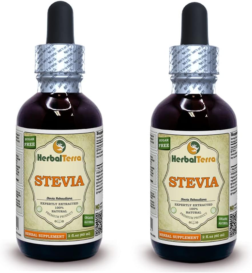 Stevia (Stevia Rebaudiana) Tincture, Organic Dried Leaves Liquid Extract (Markenname: HerbalTerra, Proudly Made in USA) 2x2 fl.oz (2x60 ml)