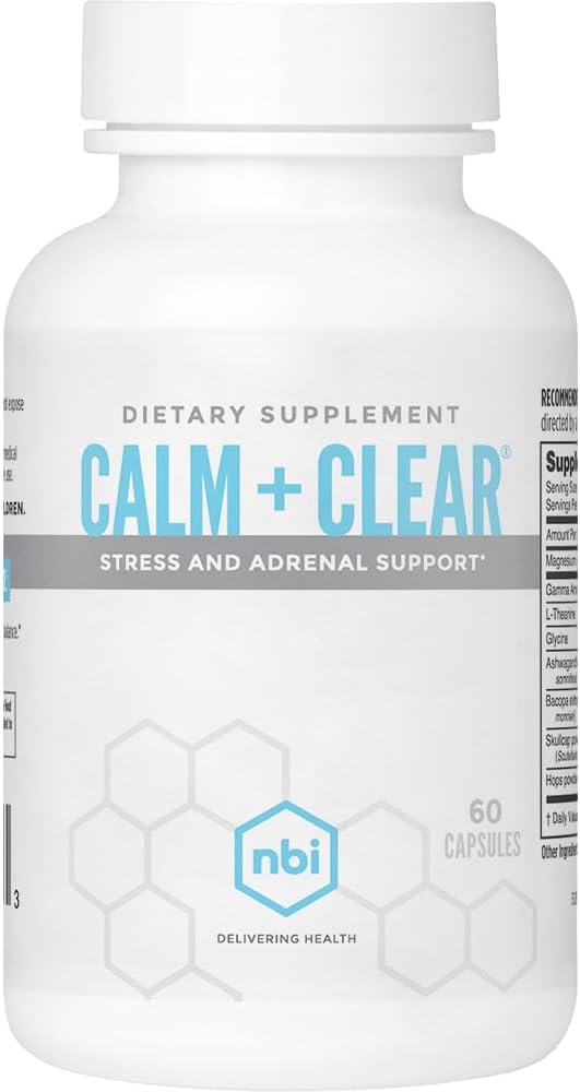 NBI Calm + Clear Mood and Focus Support | Natural Stress and Adrenal Support with Magnesio, GABA, Ashwagandha, L-Theanine, Glycine, Bacopa, Skullcap e Hops Powder | 60 Count Capsules