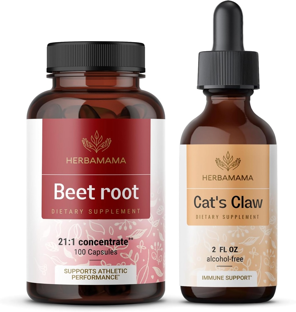 HERBAMAMA Root and Cat's Claw Kit - Bundle of 21:1 Concentrat Beet Root and Cat's Claw Tincture 2 fl oz - Vegan, Non-GMO, Sugar & Alcool-Free - 2 Pack
