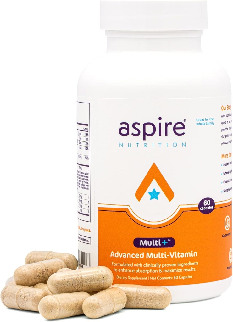 Aspire Multi+TM Advanced Multivitamiini miehille, naisille ja lapsille - Paras lisäfokus, Huomio, Muisti, Mieliala. Lisää Absorbenttiravinteet, mineraalit ja vitamiinit - Kaikki luonnolliset