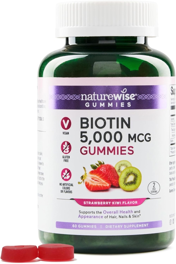 NatureWise Biotin Gumies - Támogatja az egészséges haj, bőr és erős körmök - B7-vitamin 5000mcg - Természeti szépség - Strawberry-Kiwi Flavor - Vegan, Non-GMO, Gluten Free - 60 Count [30 napos ellátás]