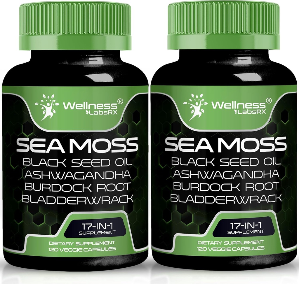 Irish Sea Moss Kapsle, 17- in-1, Seamoss Black Seed Oil, 240 Počet, Ashwagandha Burdock Root Organic Bladderwrack Kapsle 124; Organic Moss Pokročilý, imunitní a krevní tlak podpora - 2 Pack