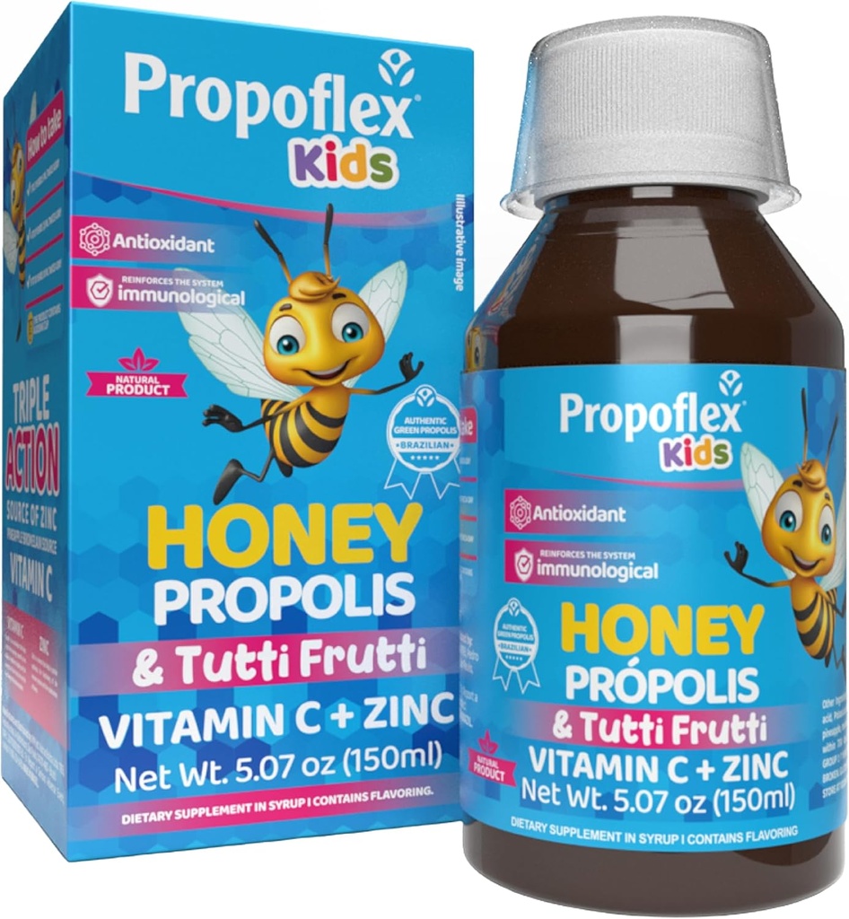 Bišu dzeņu propoliss Klepus Sīrups Kids- Triple-Action - Dabīgs Sīrups, Brazīlijas zaļā propole, cinks, Bromelains, C vitamīna atbalsts Imunity & Recovery - no Brazīlijas, Tutti Fruit Flavor, 150 ml