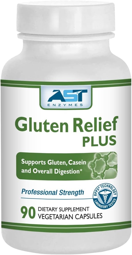 Gluten Relief Plus - 90 cápsulas vexetarianas - Soporte de dixestión Gluten - Fórmula de encimas dixestivos Premium Natural - Contén complexo DPP-IV - AST Enzimas