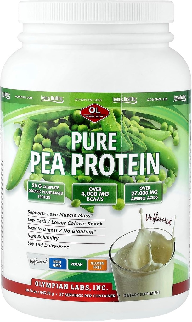 Olympian Labs Plant Based Pea Protein Powder, Unflavored - 25g of Protein, Vegan, Low Net Carbs, Gluten Free, Lactose Free, No Sugar Added, Soy Free, Kosher, Non-GMO, 2 Pound Pea Protein Powder