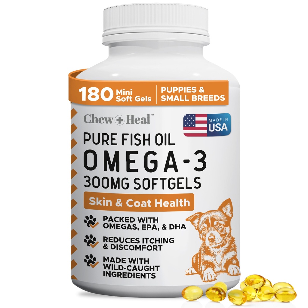 Omega 3 Fish Oil for Dogs Small Breeds & Puppies - 180 Mini Softgels - Dog Skin & Coat Supplement 300mg Wild Caught Salmon Oil - Shedding, Itch Relief, Hot Spots, Allergies - EPA and DHA - Chew + Heal