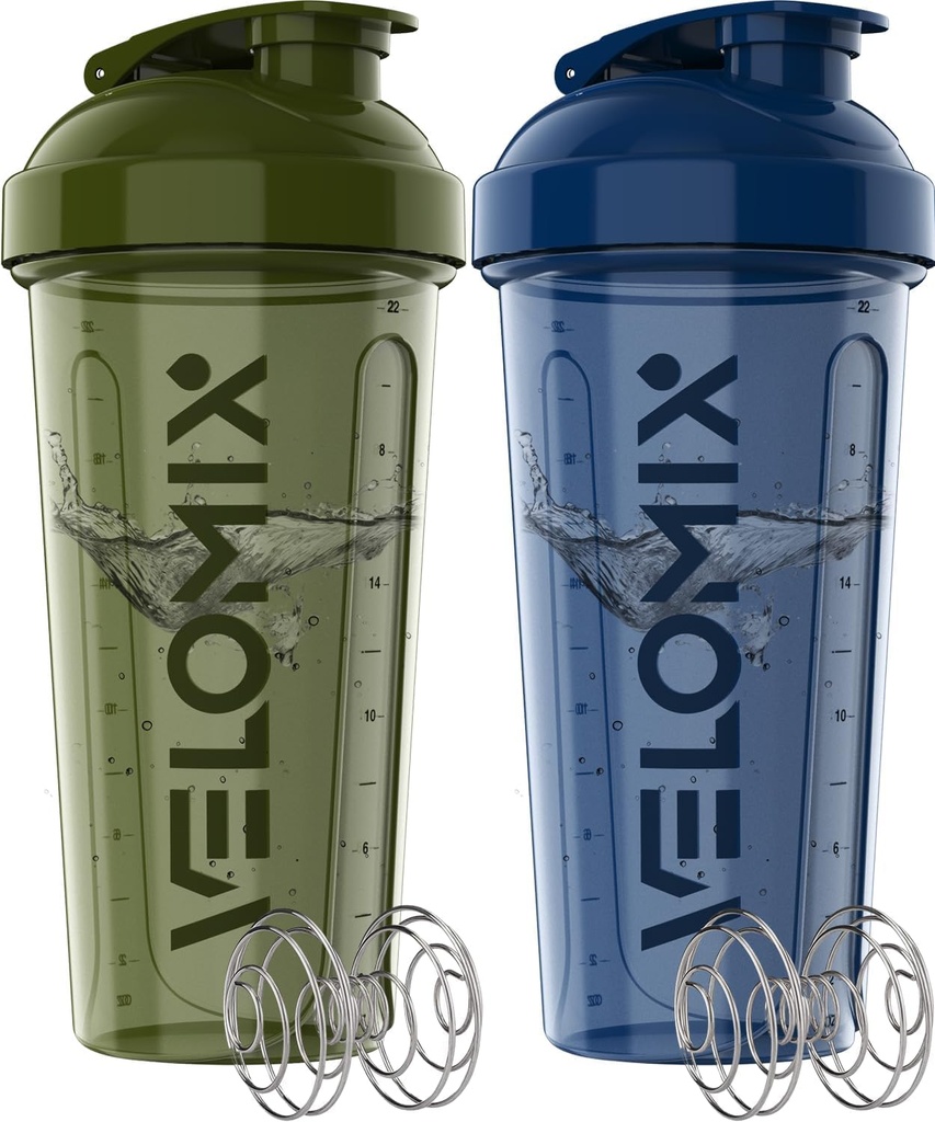 VELOMIX -2 Pack- 28 oz Protein Shaker Flaschen für Proteinmischungen - 2x Wire Whisk | Leak Proof Shaker Cups für Protein Shakes | Pre Workout Shaker Bottle | Shakers for Protein Shakes-Green&Blue