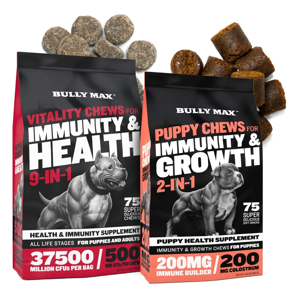 Bully Max Vitality Dog Chews and Puppy Soft Chews Bundle for Total Support with Daily Vitamins for Puppies and Adult Dogs – Including Immune, Joint, Skin, Coat, Digestion, and Development Support