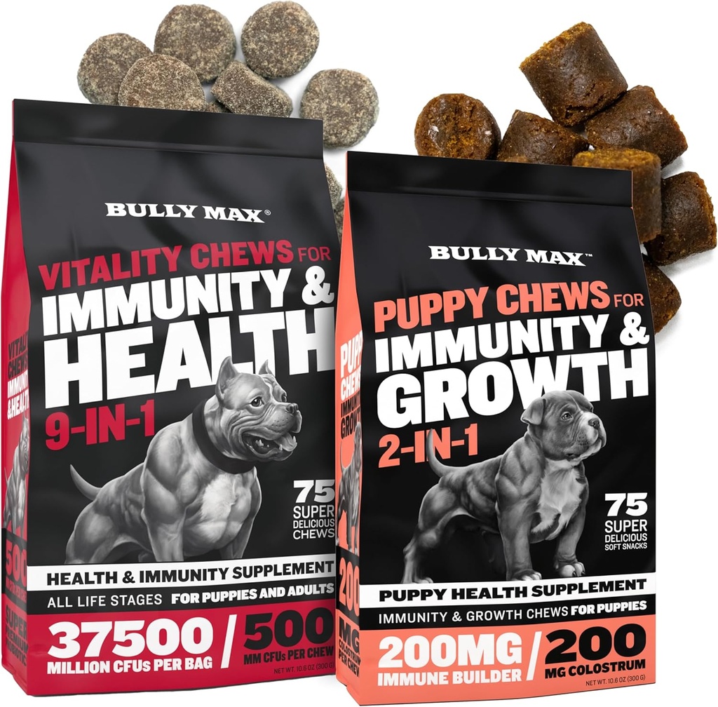 Bully Max Vitality Dog Chews and Puppy Soft Chews Bundle for total support with Daily Vitamíny pre šteňatá a dospelé psy 