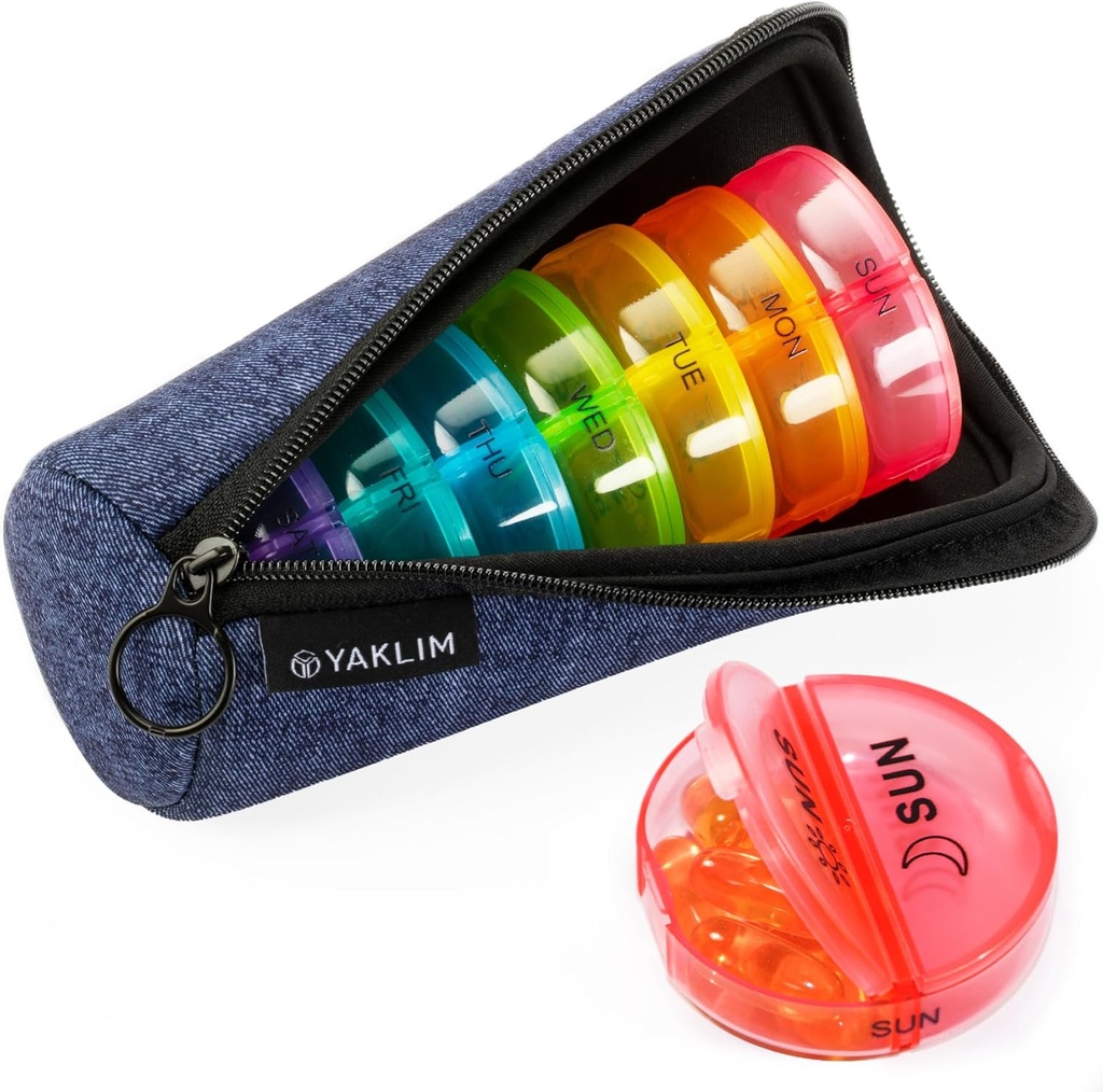 Reise Pill Organizer 2 ganger om dagen, AM/PM Pill Containers 7 Day Ultralight Portable Canvas Bag Reise Pill Case Ukenlig Pill Box for medisin, vitaminer, fiskeoljer, kosttilskudd (Denim)