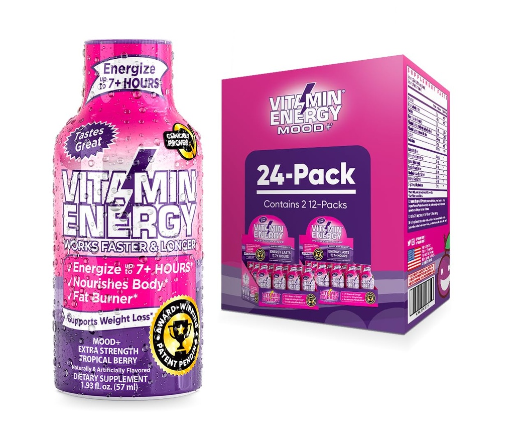 Vitamine Energy Mood+ Energy Shot – Berry tropicale – 100% DV B-Vitamines et 260mg de caféine végétale – Zéro calories, sans sucre, végétalien, non-OGM – Mood & Energy Support – 1,93 fl oz, 24-Pack