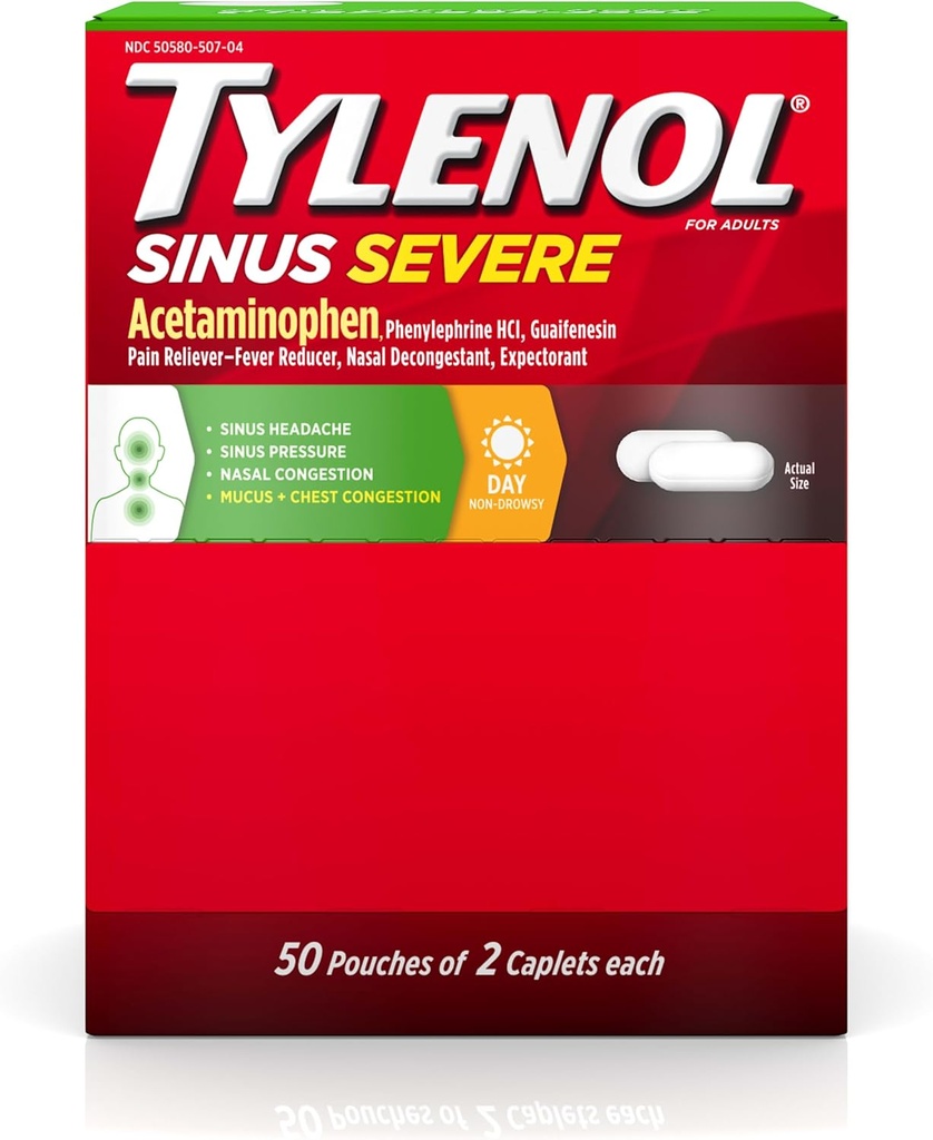 Tylenol Sinus Severe Caplets Daytime con Acetaminophen 325mg, Guaifenesin 200mg & Phenylephrine HCl 5mg, Non-Drowsy Pain Reliever, Expectorant & Nasal Decongestant, 50 pacchetti di viaggio di 2 ct