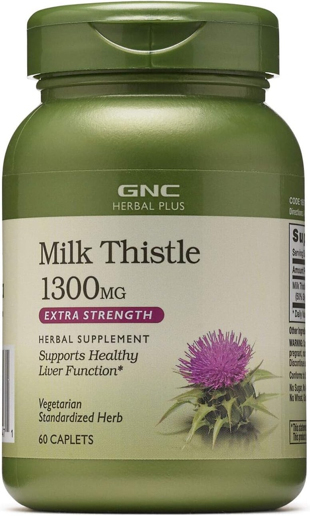 GNC Herbal Plus Milk Thistle 1300mg Supplement, Extra Power, Vegetarian, Supports Healthy Liver Fungsi, 60 Servis