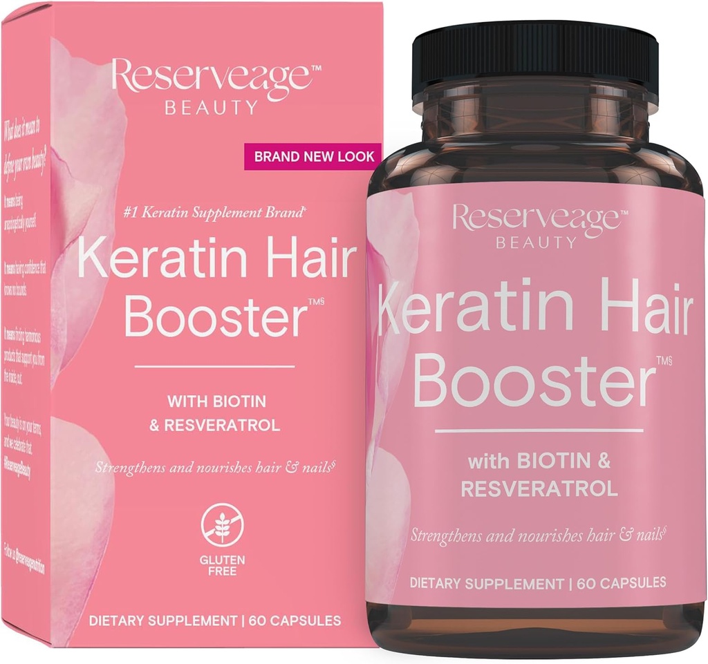 Reservering Skjønnhet Keratin Hår Booster med Biotin & Resveratrol - Hår og neglevekst Supplement for kvinner - støtter sunn tykkelse og skinne med Biotin - 60 kapsler (30 Serveringer)