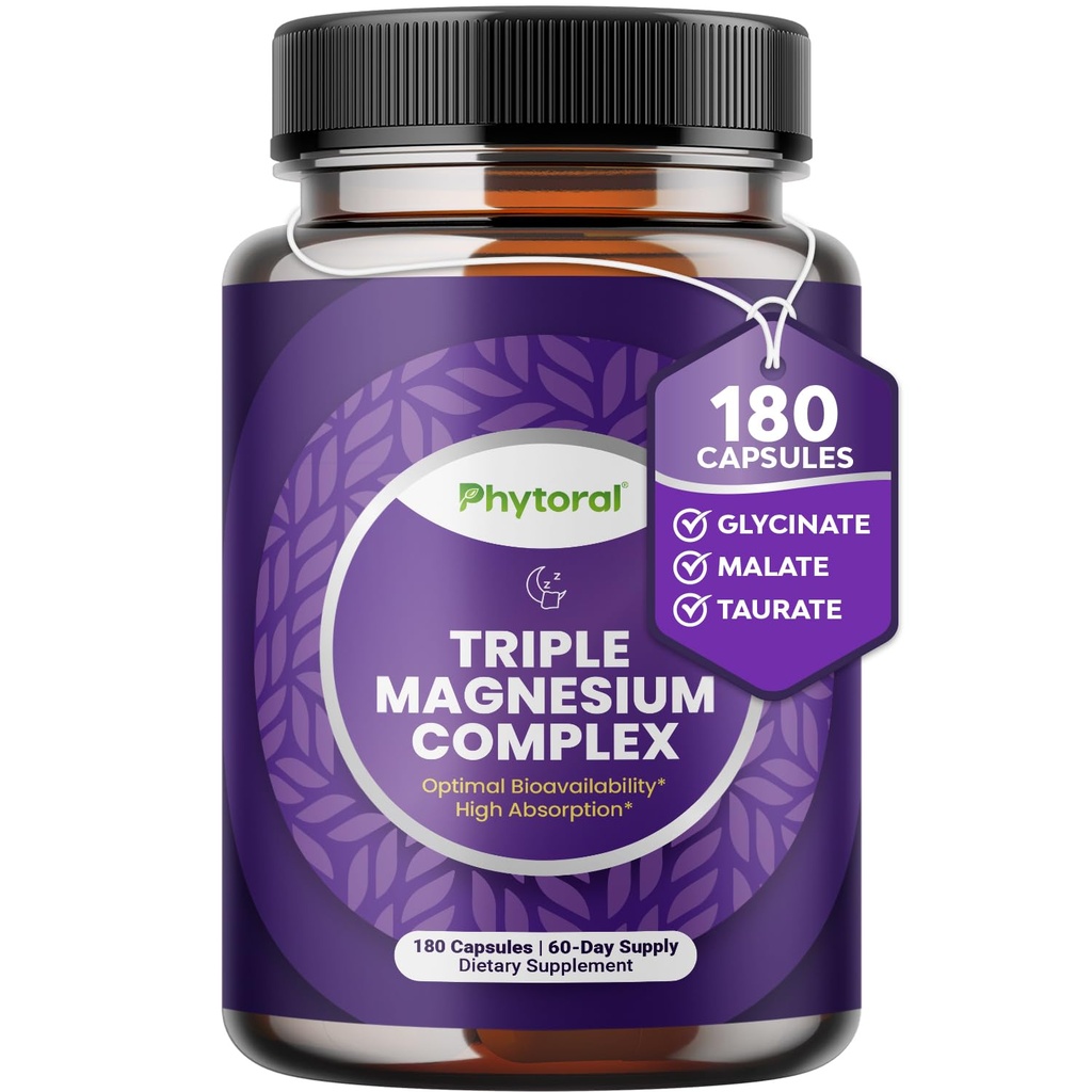 Highly Potent Magnesium Complex Capsules - Triple Magnesium Blend with Taurate Glycinate and Malate - 400mg Supplement Supports Relaxation & Overall Wellness Non-GMO Vegan - 180 Count