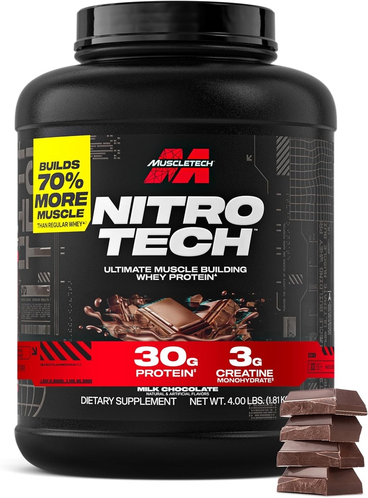 Muscletech Whey Proteine Powder (Milk Chocolate, 4 Pound) - Nitro-Tech Ultimate Muscle Building Formula cu izolat de proteine Whey - 30g de proteine, 3g de Creatină & 6.8g de BCAA - ambalare mai Vary