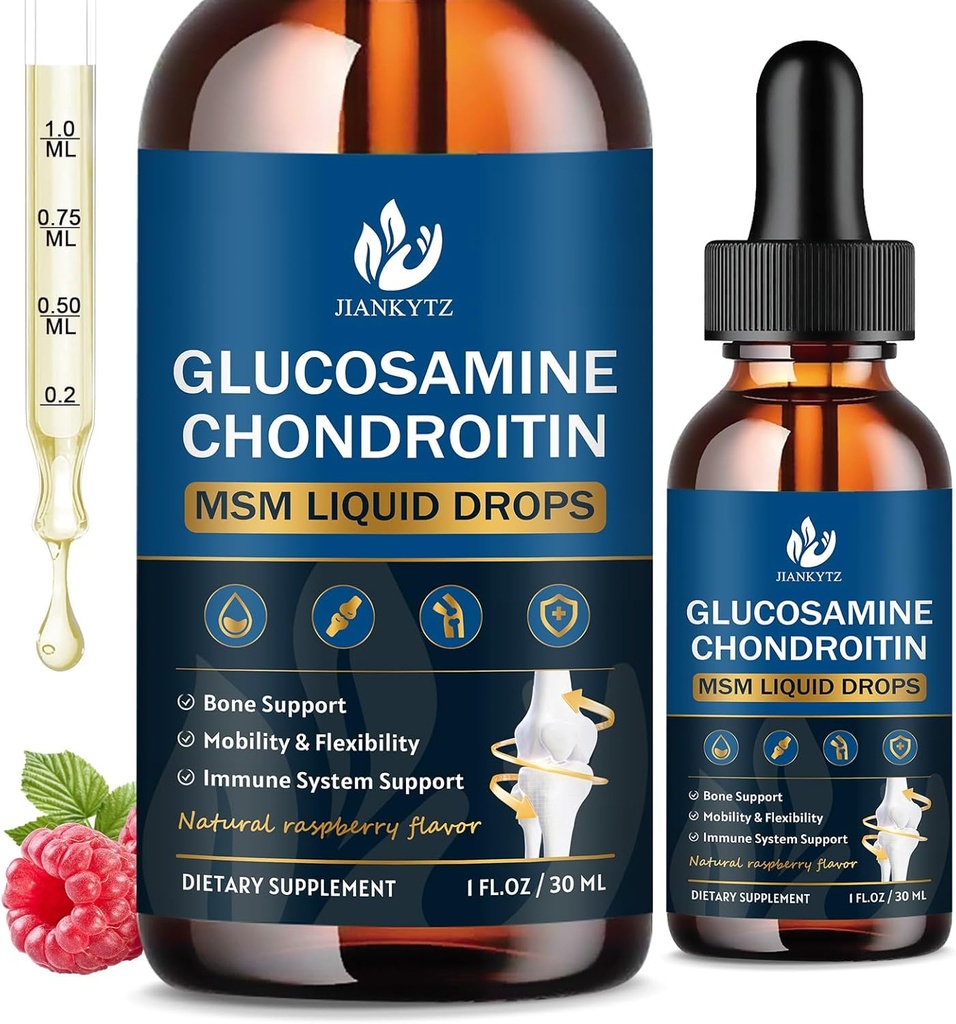 2 Pack) Glucosamine Chondroitin MSM Liquid drops, High Abrption, Antioxidant, Immune, Bone Support, MSM supplement for Men ' Women, Vegan, Sugar-Free, Raspberry Flavor, 1 Fl Oz