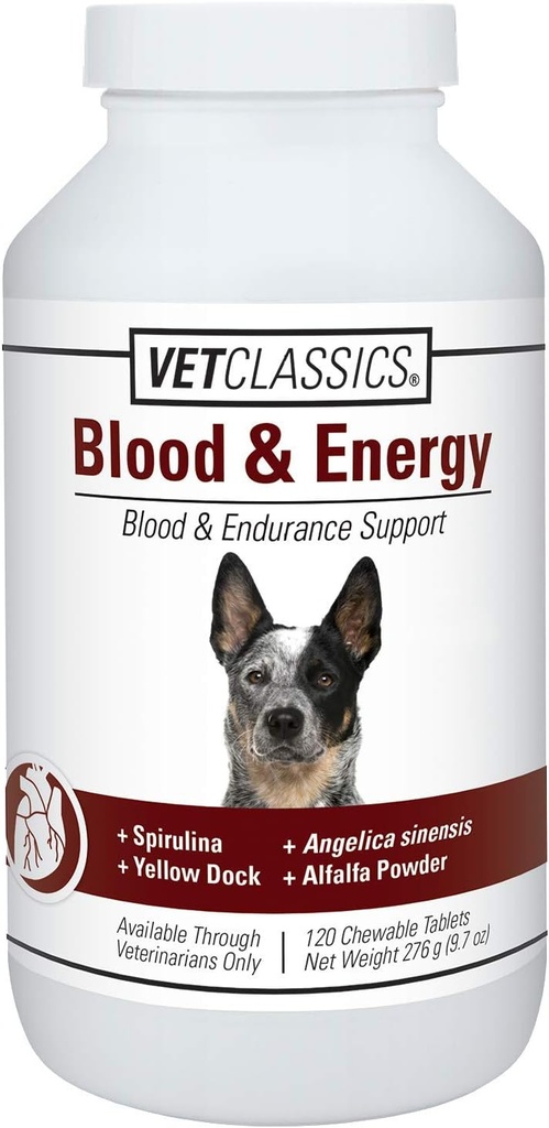 Vet Classics Blood & Energy Support for Dogs, Supports Endurance with Spirulina, Yellow Dock eta Alfalfa Support Formation of Hemoglobin and Myoglobin, 120 Chewable Tablets