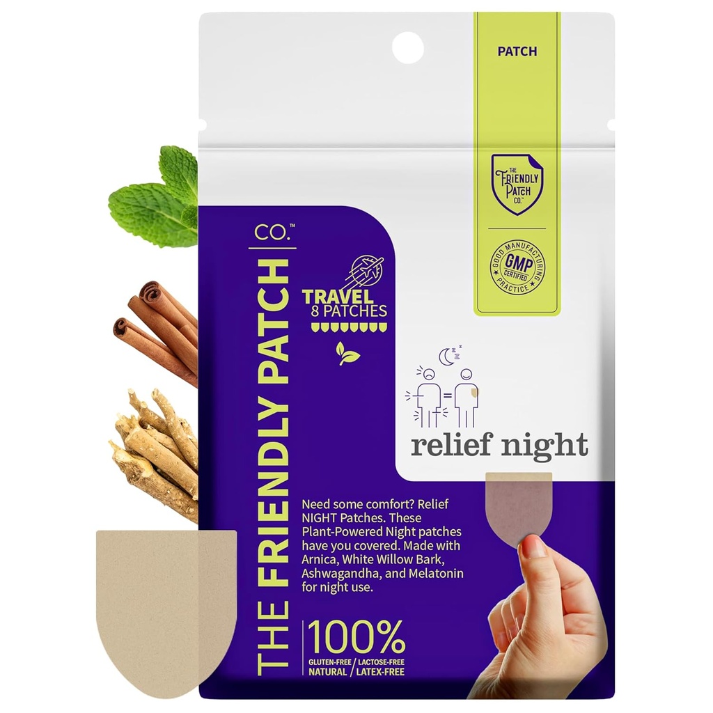 Relief Night Patch - 8 Pack Arnica, White Willow Bark, Melatoniin, Ashwagandha valulikkuse jaoks une plaastrid naistele ja meestele