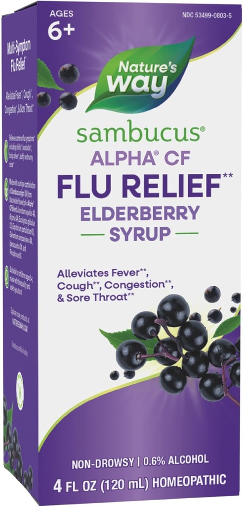Спосіб природи Sambucus Alpha CF Flu Relief* Elderberry Syrup з Sambucus nigra 3X і Alpha CF, Полегшення Flu Симптоми*, 4 Fl Oz (Packaging May Vary)