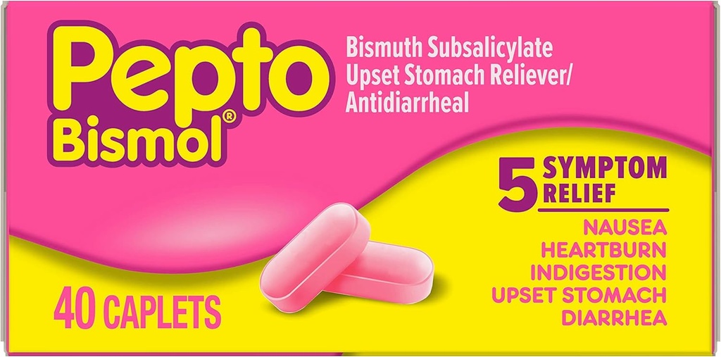 Pepto Bismol kapsler til kvalme, hjerterytme, fordøjelsesbesvær, ubehandlet mave og diarré, 5 symptomatiske hurtig relief i en praktisk form, 40 ct