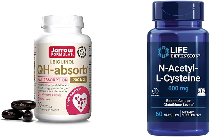 Jarrow公式 QH-Absorb 200 mg - 高吸收 CO-Q10 - 活性抗氧化剂形式 共Q10和生命延长 N-乙酰-L-Cysteine(NAC),免疫,呼吸,肝脏健康,NAC 600 mg