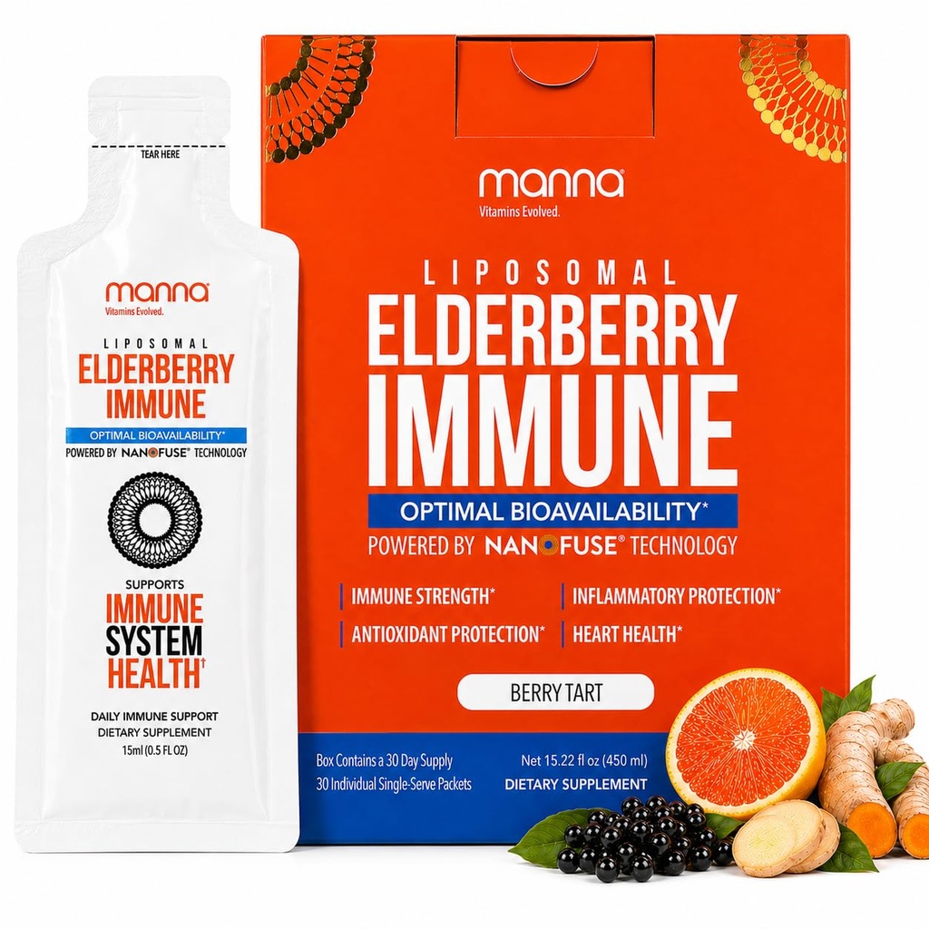 Manna Vitamins Evolved Liposomal Elderberry Immune 15 Packets, Vitamins C, D etc. - Daily Immune Support for Adults, Kids - Sugar Free, Real Elderberry Extract, Syrup, Travel-Friendly