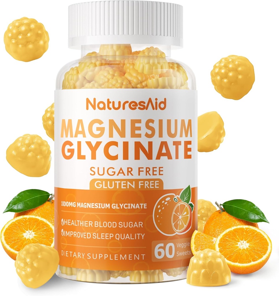 Glycinát hořečnatý Gummies 1000mg - Doplněk hořčíku bez cukru s vitaminem D, B6, CoQ10 pro klidnou náladu a podporu spánku - 60 Orange Gummies -1 Pack