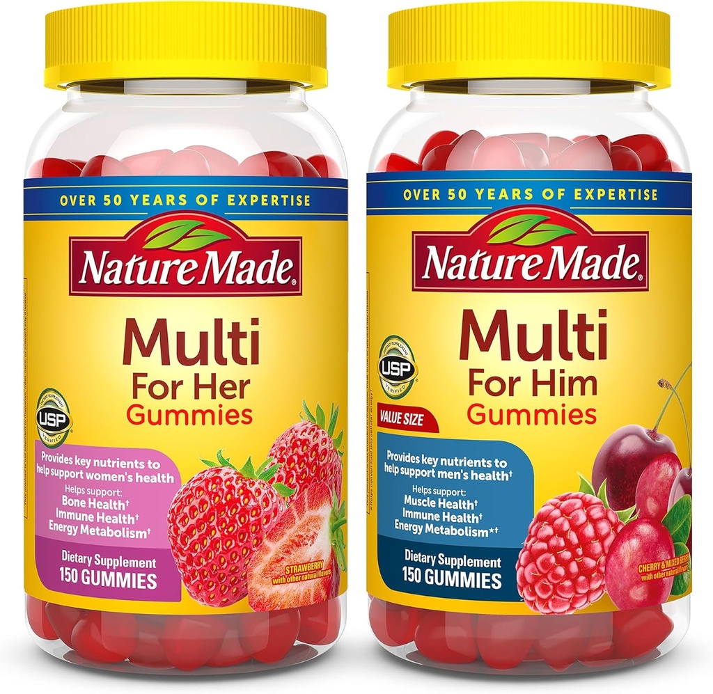 Nature Made Multivitamin Gummies Combo Pack for himm " Her, Tasty Men " Womens Multivitamin with Vitamin C, Vitamin D3, B Vitamins, Zinc " More, Two Multivitamin Bottles