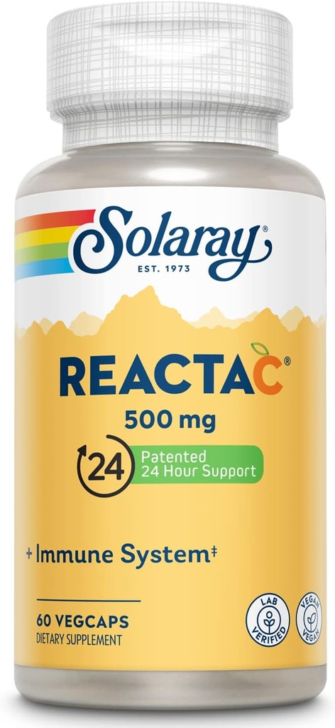 SOLARAY Reacta-C med vitamin C 500mg - 200mg Bioflavonoid Koncentrate, immunforsvar vitaminer - Patentert 24 timers immunstøtte Supplement - Vegan - 60 kapsler, 60 serveringer