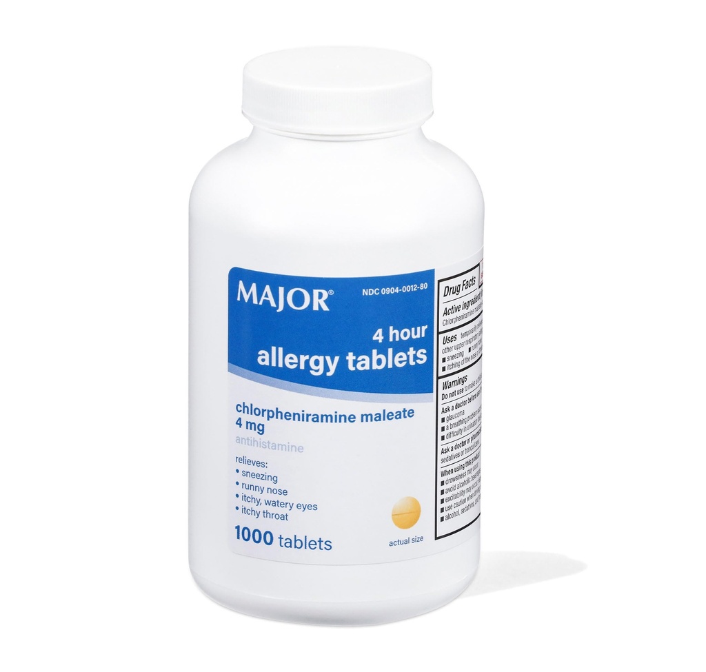 MAJOR 4 Hour Allergy Tablets - Chlorpheniramine Maleate - 4 mg - Antihistamine - 1000 Count (1 Pack)