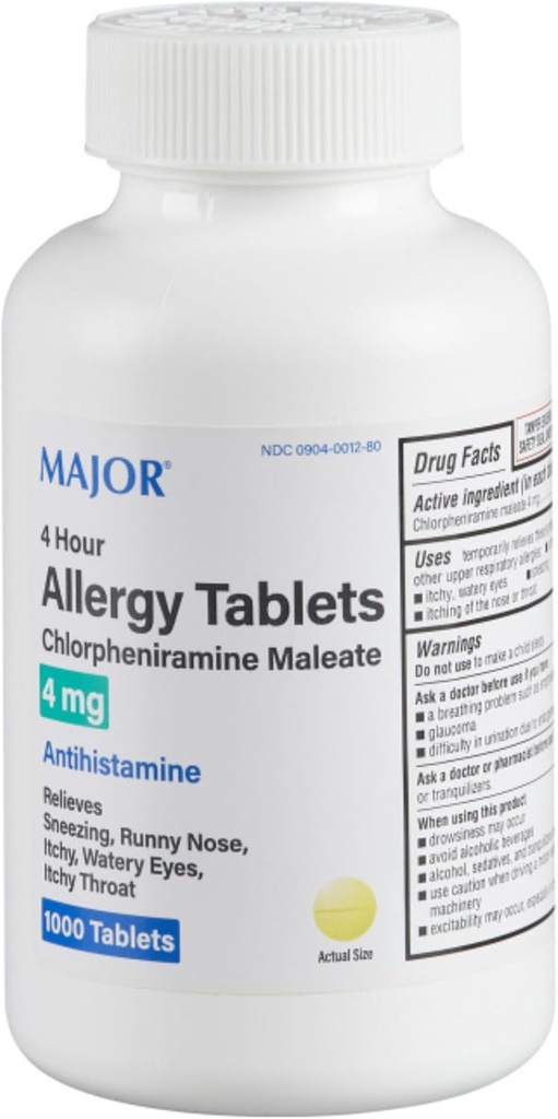 MAJOR 4 uur Allergie Tabletten - Chlorfeniramine Maleaat - 4 mg - Antihistamine - 1000 Tellen