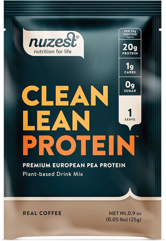 Nuzest - Pudră de proteine pe bază de mazăre - Proteină Lean curată, Praf de proteine pe bază de plante Vegan Premium, Dairy Free, Gluten Free, OMG liber, îndulcit natural Proteina Shake, Cafea Reală, 1 Servire, 0,9 oz