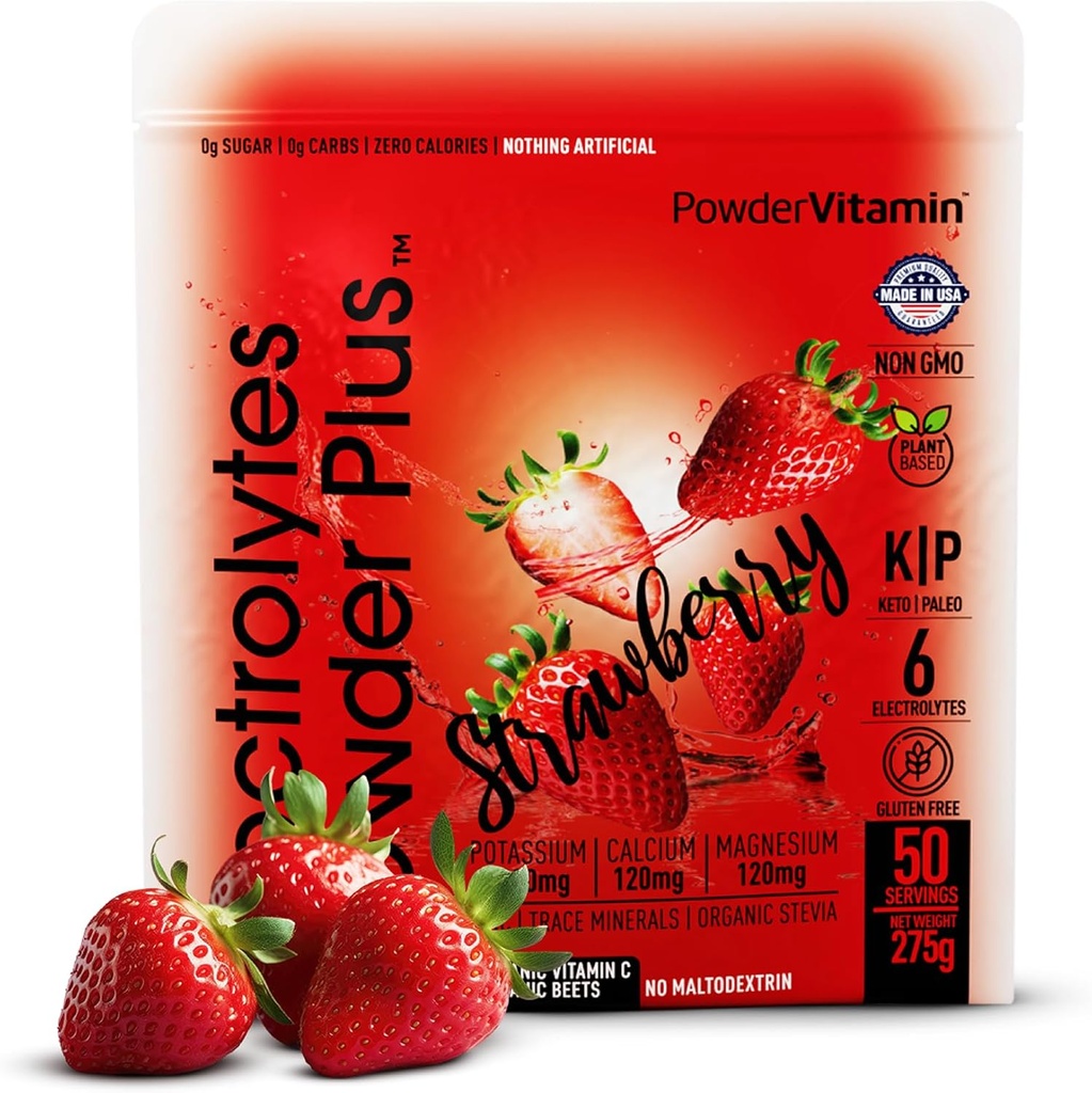 אבקהVitamin אלקטרוליט אבקת פלוס Keto, Strawberry (50 משרתים) 0 סוכר, No Maltodextrin, 1000mg Potassium, 120 מ"ג Calcium, 120 מ"ג מגנזיום, ויטמין C, Zero Calories, אבקת הידרה אנרגיה