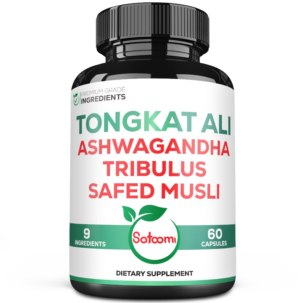 Satoomi Tongkat Ali Root Extract 200:1-9 Essential Herbs with Ashwagandha, Tribulus Terrestris & More - Support Strength, Energy and Healthy Immune - 60 Vegan Caps 2 Month Supply