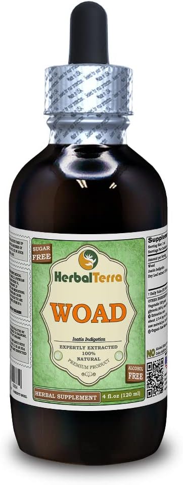 Woad (Isatis Indigotica) Glycerite, Dried Leaves Alcohol Free Liquid Extract (Nazwa marki: HerbalTerra, Proudly Made in USA) 4 fl.oz (120 ml)
