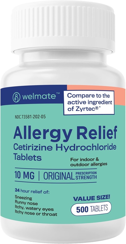 WELMATE - Alergie Relief - Cetirizin HCl 10 mg - 24 hodin Antihistamin - Non Drowsy - Nusení - Runny Nose - Itchy Eyes & Throat - Indoor & Outdoor Alergie Relief Tablety - 500 Tablety