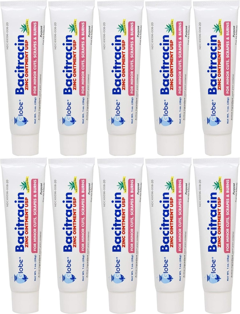 Globe Bacitracin Zinc Ointment 1 oz | Antibiotic Ointment | Essential Antibiotic First Aid Supplies | Healing Action | Maximum Antibiotic Power | Prevents infection in cuts, scrapes, burns | 10 PACK |