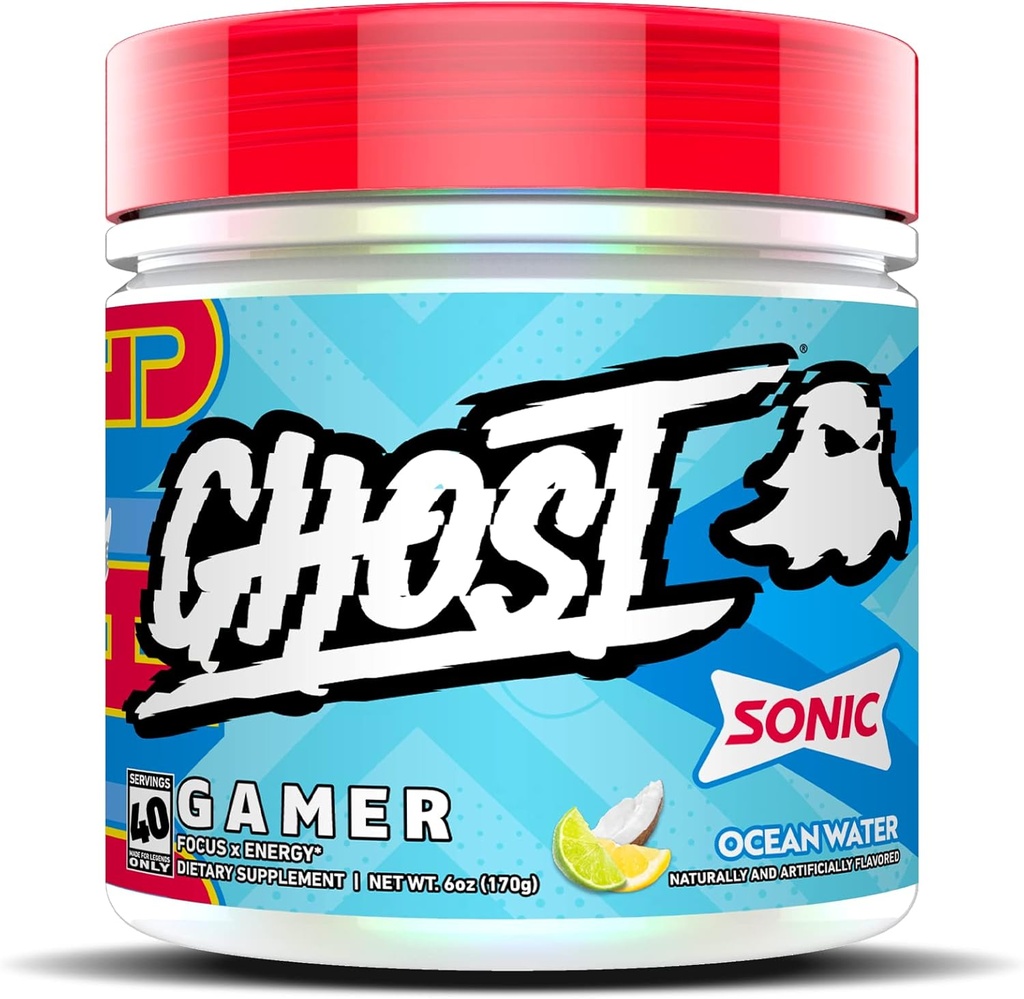 GHOST Gamer: Energy and Focus Support Formula - 40 Servings, Sonic Ocean Water - Nootropics & Natural Caffeine for Attention, Accuracy & Reaction Time - Vegan, Gluten-Free