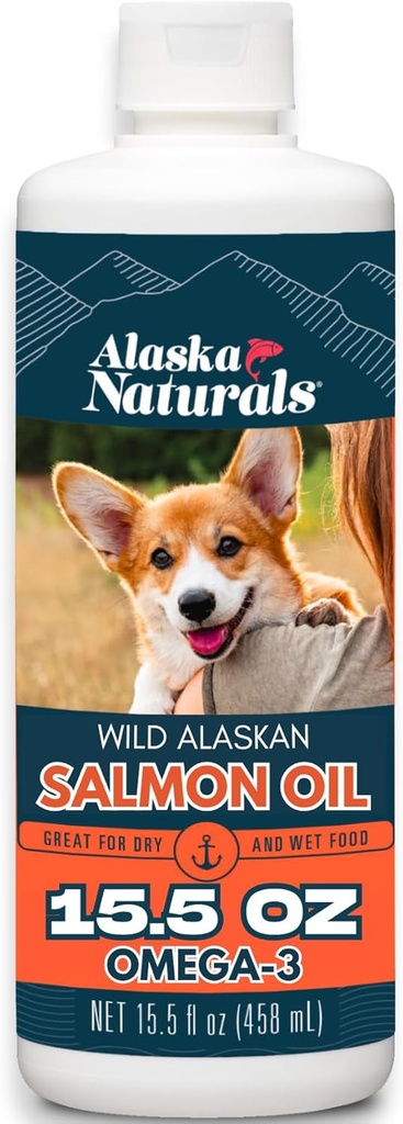 Alaska Naturals Wild Alaskan Salmon Fish Oil Supplement for Dogs Skin and Coat with EPA DHA Omega 3 Fatty Acides Liquid Food Topper 15,5 oz. Pompe