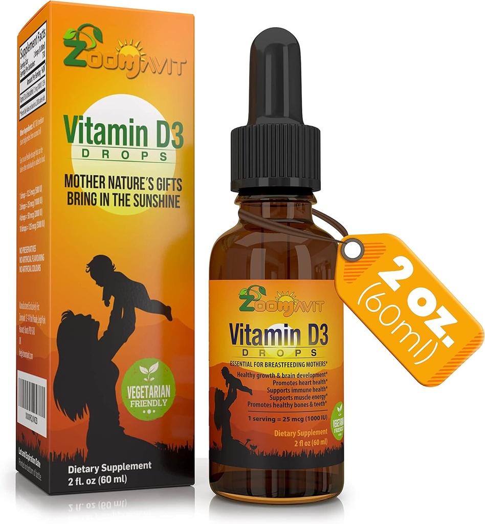 Vitamina D Drops para lactentes - Bebê Vitamina D Drops 1000 UI 2Fl Oz - Líquido Vitamina D3 Orgânico com fórmula de absorção máxima para recém-nascidos, crianças, crianças e adultos