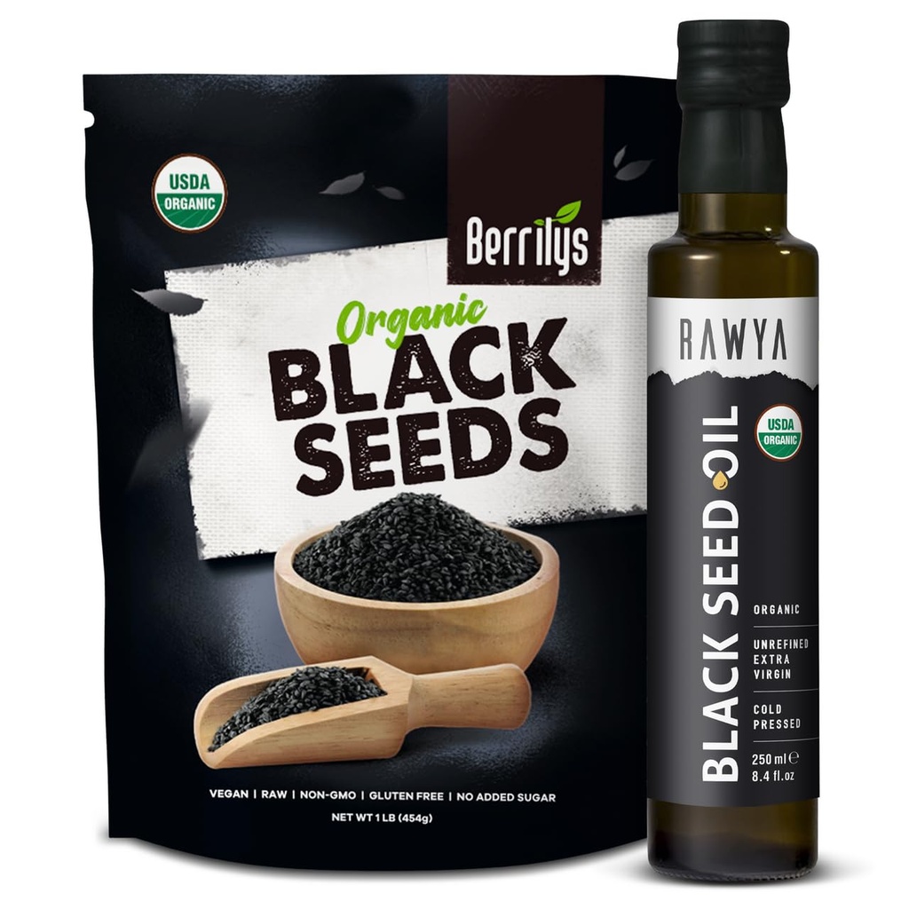 Seminţe negre RAWYA + Ulei de seminţe negre - USDA Organic Certified, Cold Pressed, Nigella Sativa, Ulei de semințe de chimen, Kalonji, calitate premium, Thymochinonă înaltă, Pure & Naturale, 8,4 Oz + 16 Seminţe Oz
