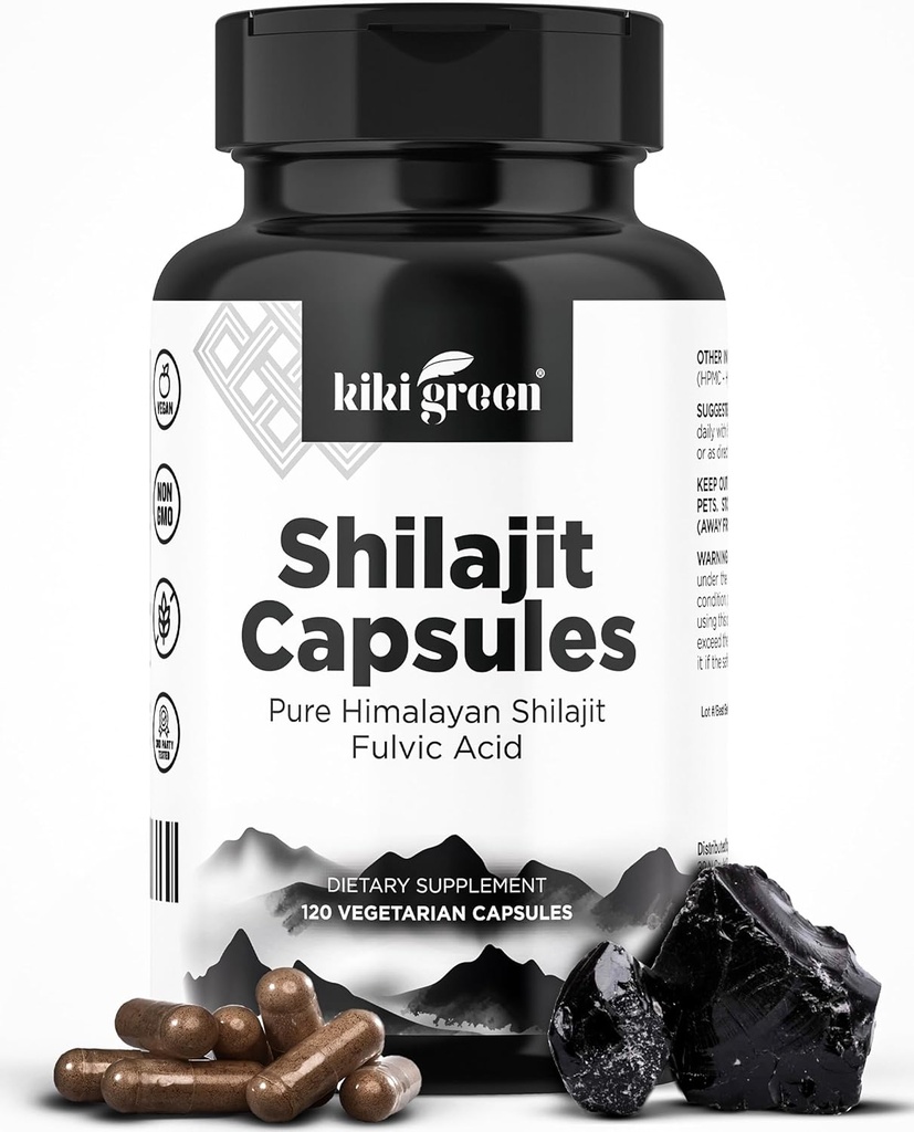 KIKI Green Shilajit капсули - хималайска добавка, 40% Фулвикова киселина и трасиране Минерали - 500 mg на Сервиране за сила, енергия, имунитет - 120 Вегански граф