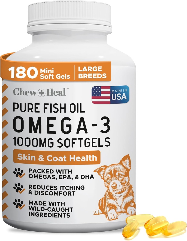 Wild Capght Omega 3 Huile de poisson pour chiens - 180 Capsules de Softgel pour une peau et une fourrure saines - Grandes pilules d'huile de poisson pour chiens de 1000 mg pour Shedding, peau de démangeaison sèche et taches chaudes - supplément de saumon Omega Pet